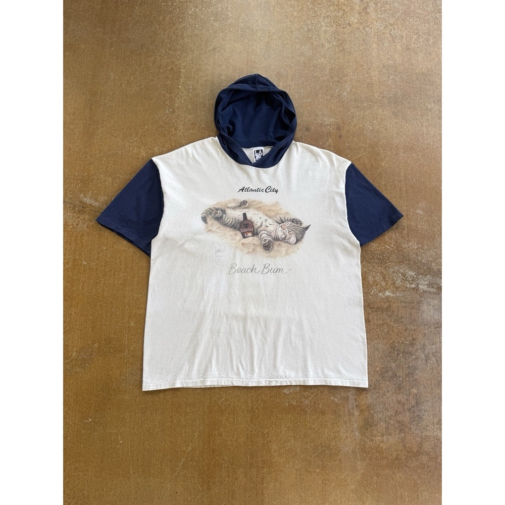 VTG 90s Beach Bum Cat Cute Two Tone Short Sleeve Hooded T-Shirt Sunscreen XL